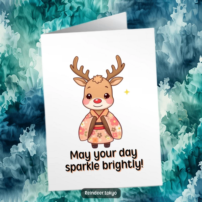 Funny Free Printable Reindeer Card: Whimsical reindeer in floral kimono bowing politely with a twinkle.