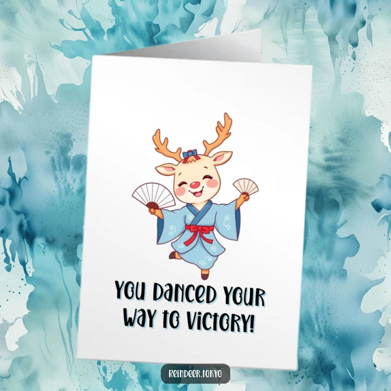 Funny Free Printable Congratulations Card: A happy reindeer in a blue kimono dances elegantly with a fan.