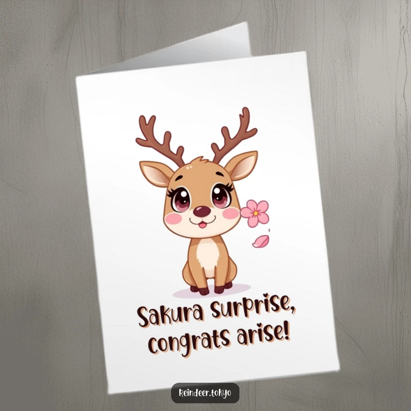 Funny Free Printable Congrats Card: A wide-eyed, startled reindeer caught off guard by a single falling sakura petal.