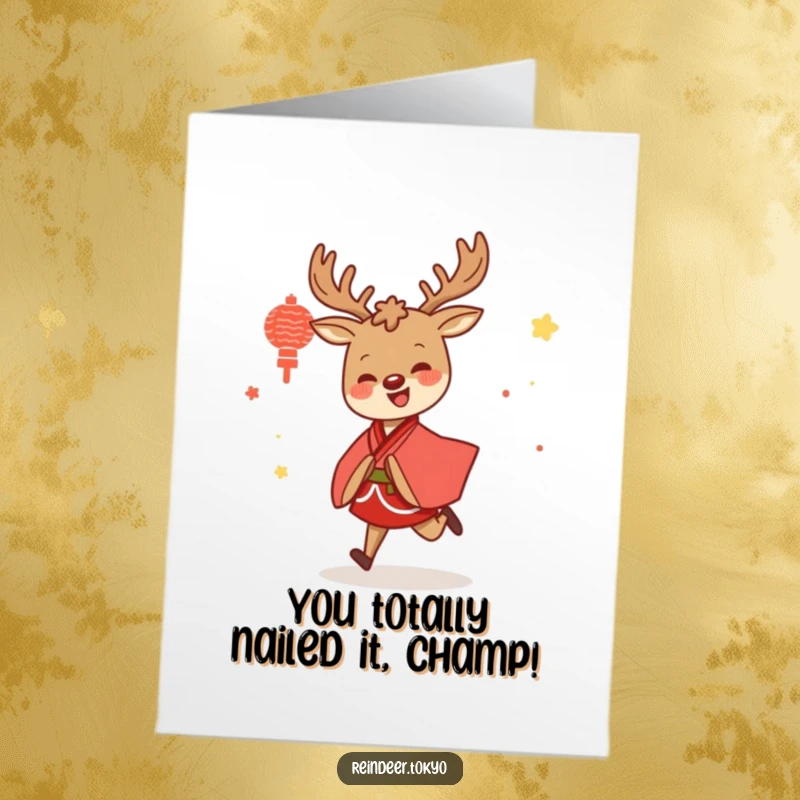Funny free printable congratulations card showing a happy reindeer in a colorful kimono twirling a spinning top.