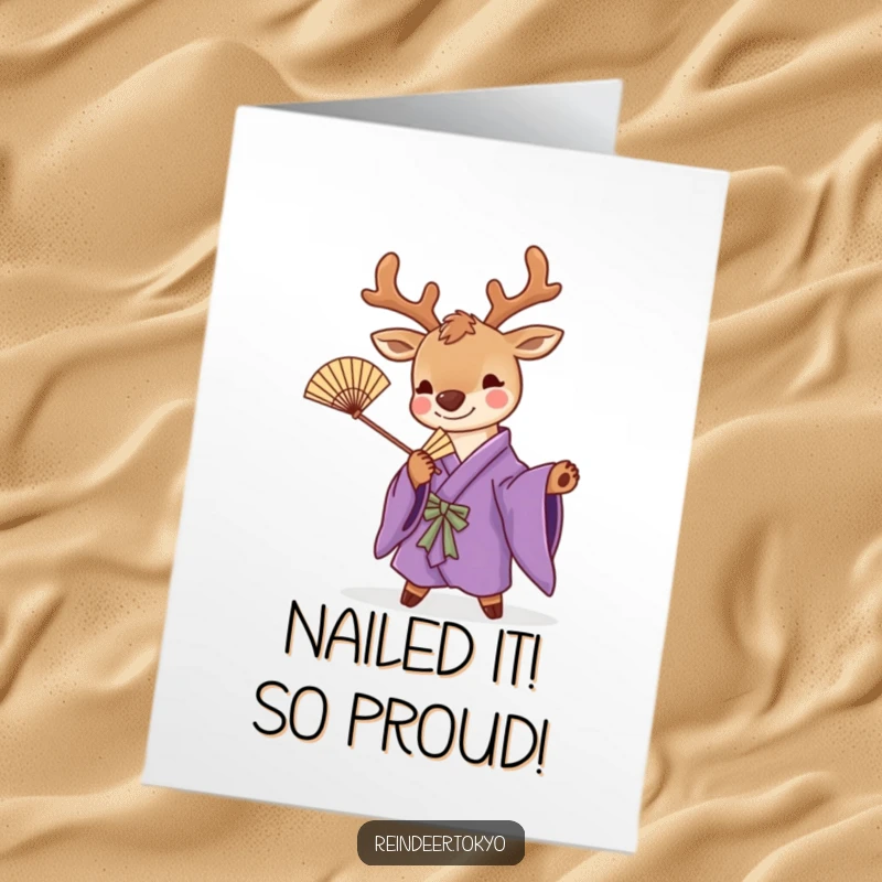 Funny Free Printable Reindeer Congratulations Card: Reindeer in a purple kimono posing with a fan.