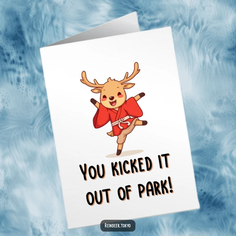 Funny Free Printable Congratulations Card: A reindeer in a red kimono executes a joyful high kick.