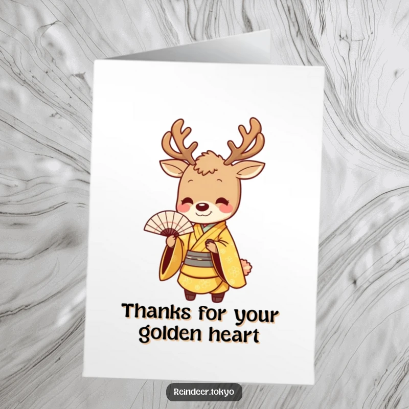 Funny free printable thank you card: a reindeer in a golden kimono bows gracefully holding a fan.