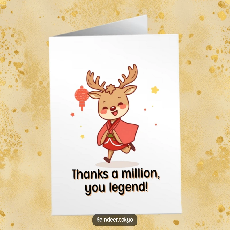 Funny free printable thank you card with a reindeer in a floral kimono holding a green fan gracefully.