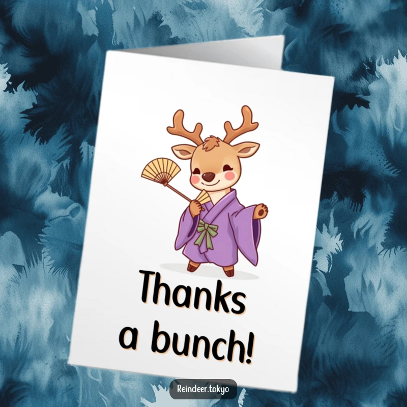 Funny Free Printable Reindeer Thank You Card: Cute reindeer in a purple kimono posing with a fan.
