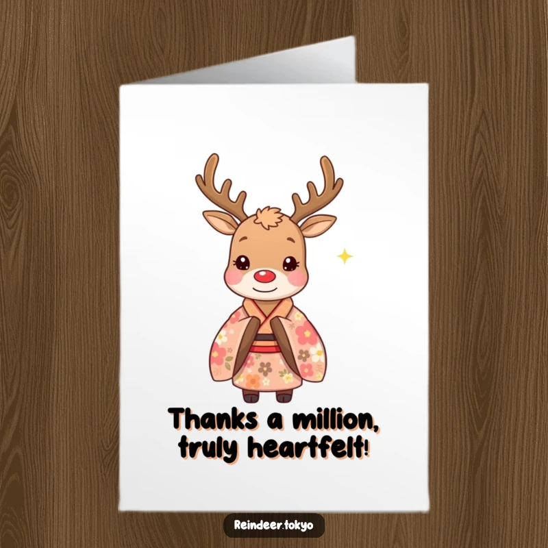 Funny Free Printable Reindeer Thank You Card: Whimsical reindeer in floral kimono bowing politely.
