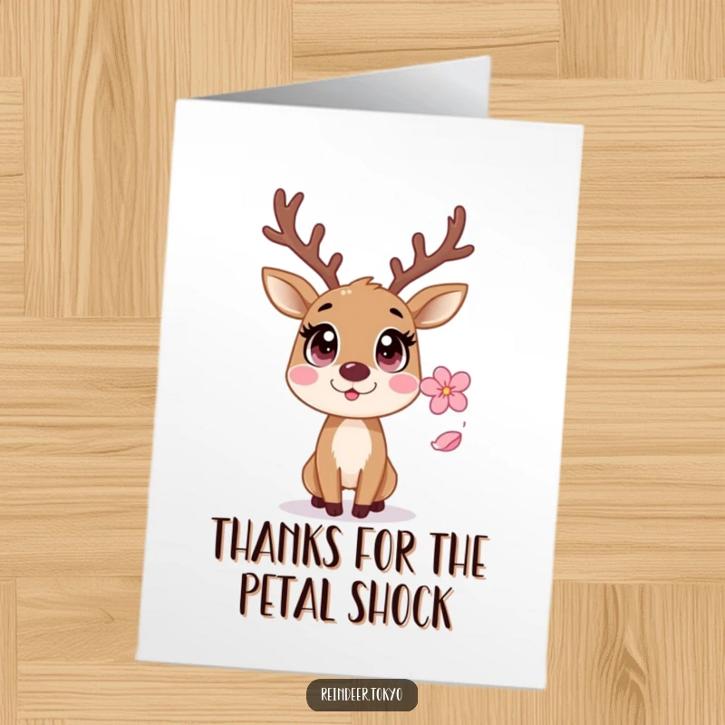 Funny Free Printable Thank You Card: A startled reindeer with wide eyes looking surprised at a falling sakura petal.
