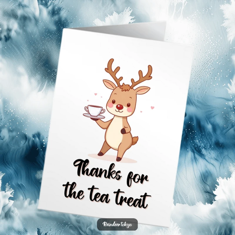 Funny Free Printable Thank You Card: A charming reindeer smiles, presenting a tray filled with miniature teacups.