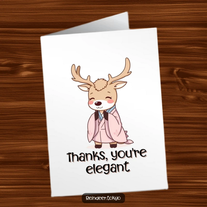Funny Free Printable Thank You Card: Serene reindeer dressed in a kimono, bowing gracefully to express thanks.