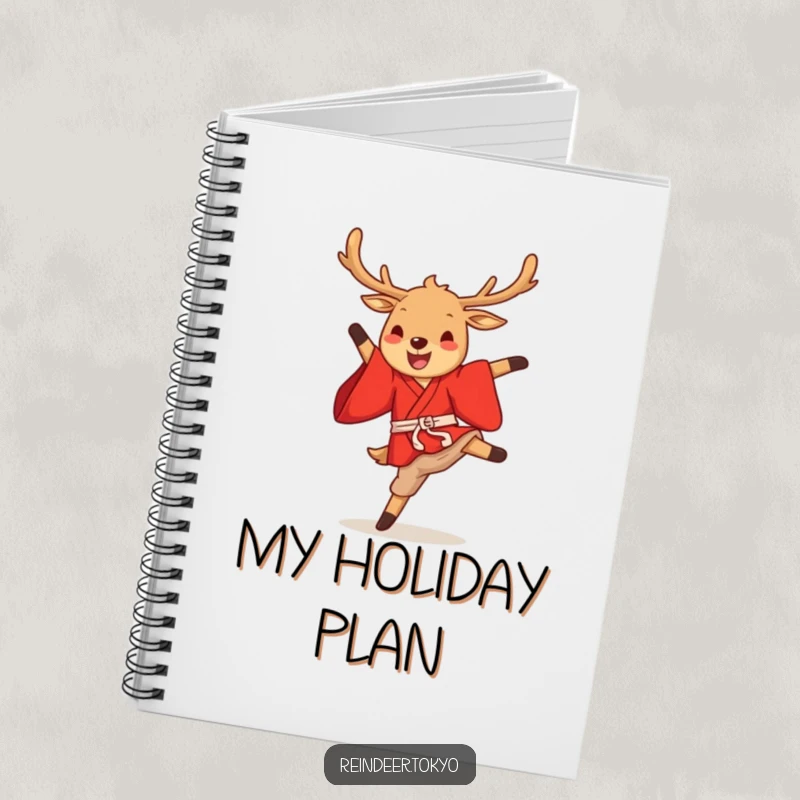 Funny reindeer kimono notebook with a cute cartoon reindeer in a red kimono performing a joyful high kick, perfect for notes.