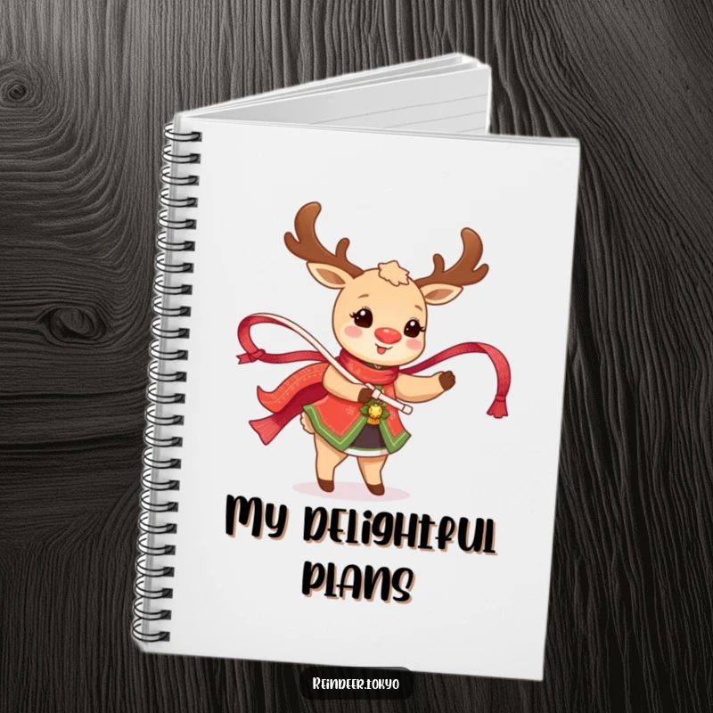 Funny Reindeer Notebook: Happy reindeer in traditional attire twirls a shimmering ribbon for joyful writing.