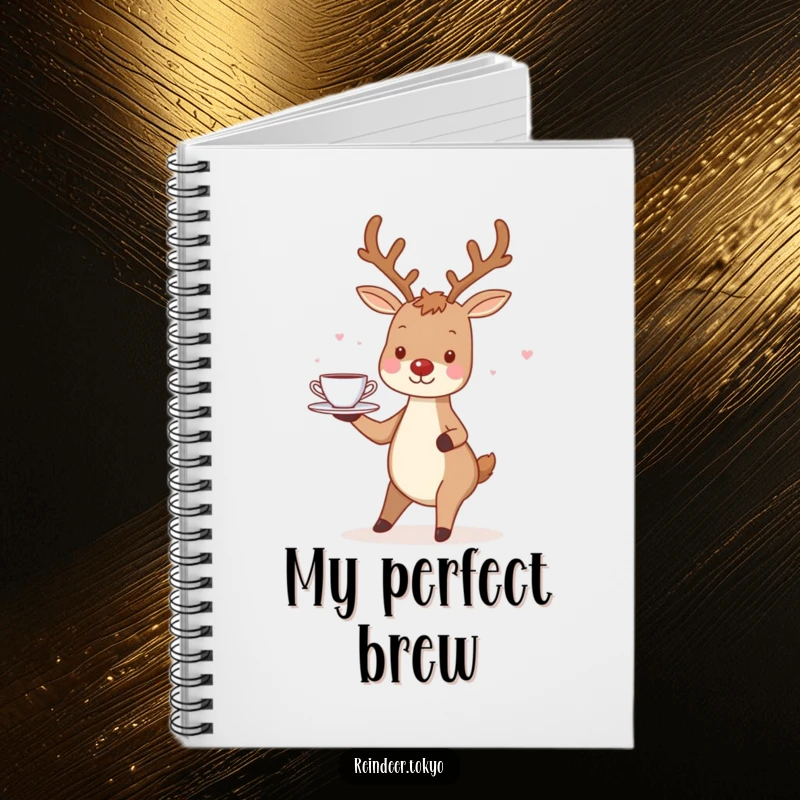 Funny Reindeer Notebook: Charming reindeer smiles, balancing a tray with tiny teacups gracefully.