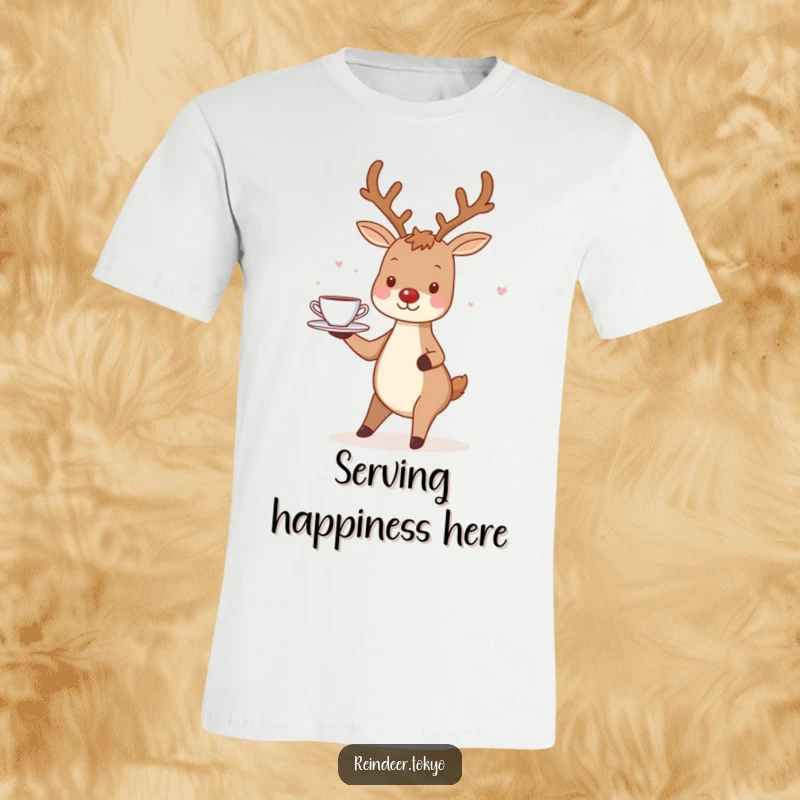 Funny Reindeer T-Shirt: A charming reindeer smiles, balancing a tray with tiny teacups gracefully.