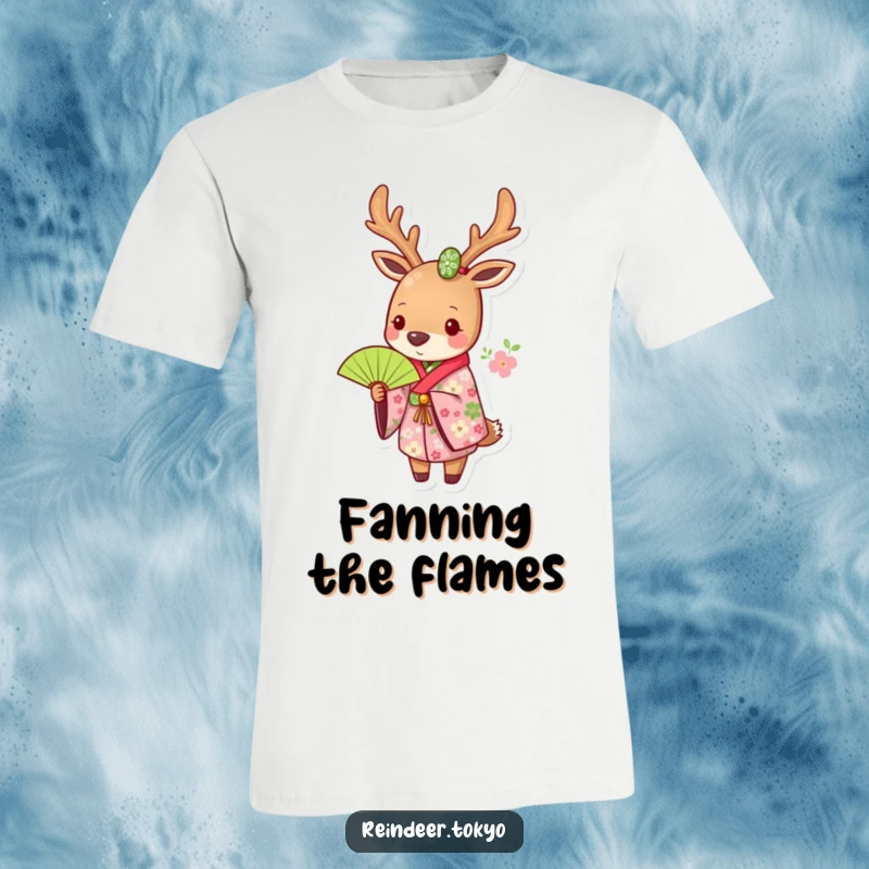 Funny t-shirt featuring a reindeer in an elegant floral kimono, holding a vibrant green fan, a stylish and humorous design.