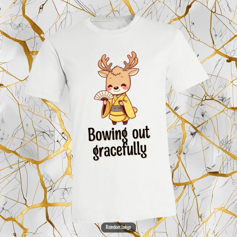 Funny t-shirt featuring a smiling reindeer in a golden kimono, performing a graceful bow with a fan, a stylish and humorous design.