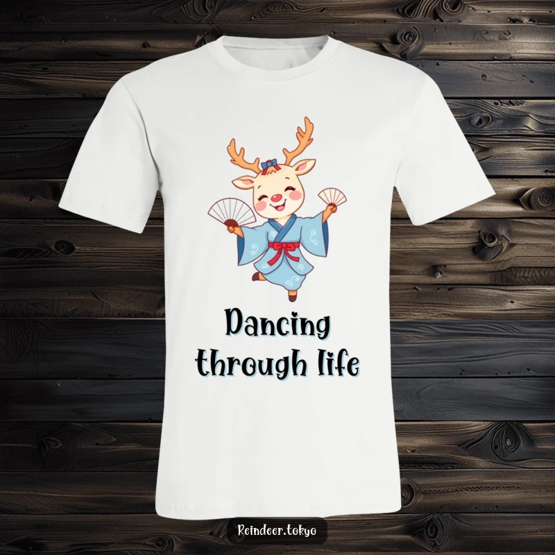 Funny reindeer fan dance t-shirt featuring a smiling cartoon reindeer in a blue kimono joyfully dancing with a delicate fan.
