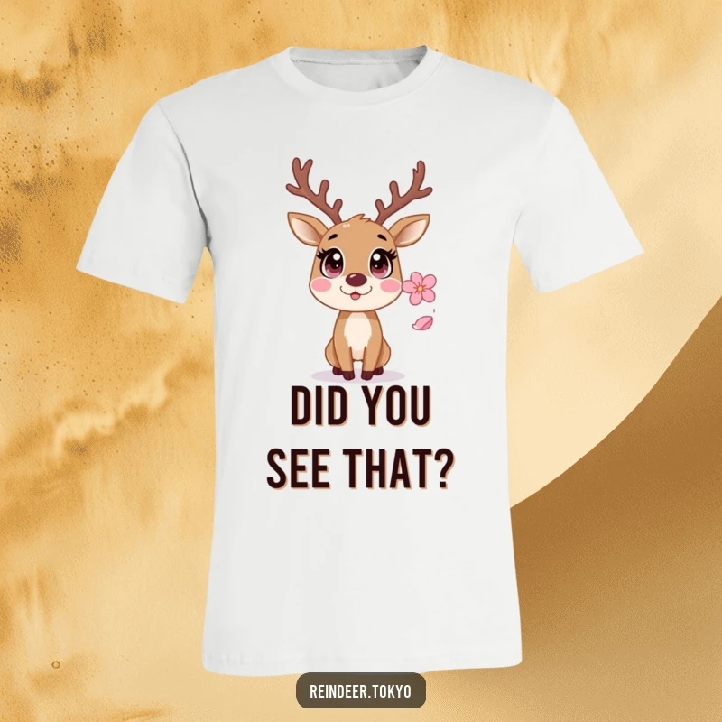 Funny Reindeer T-Shirt: A startled reindeer with wide eyes reacts with surprise to a falling sakura petal.