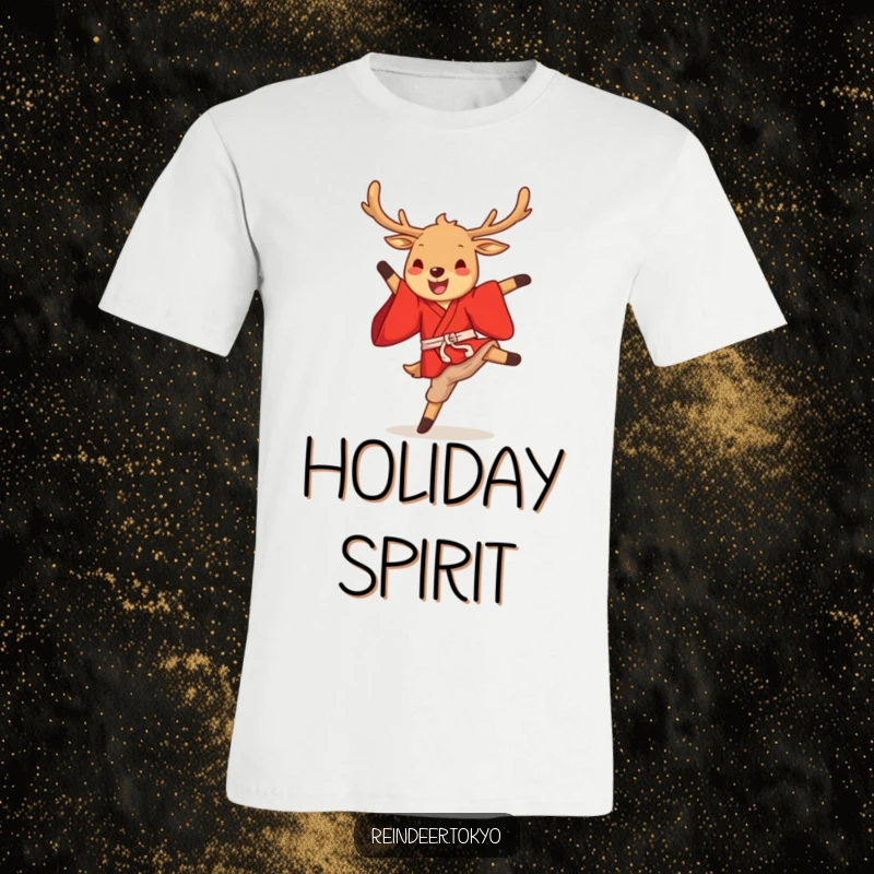 Funny reindeer kimono t-shirt featuring a cute cartoon reindeer in a bright red kimono performing a gleeful high kick.