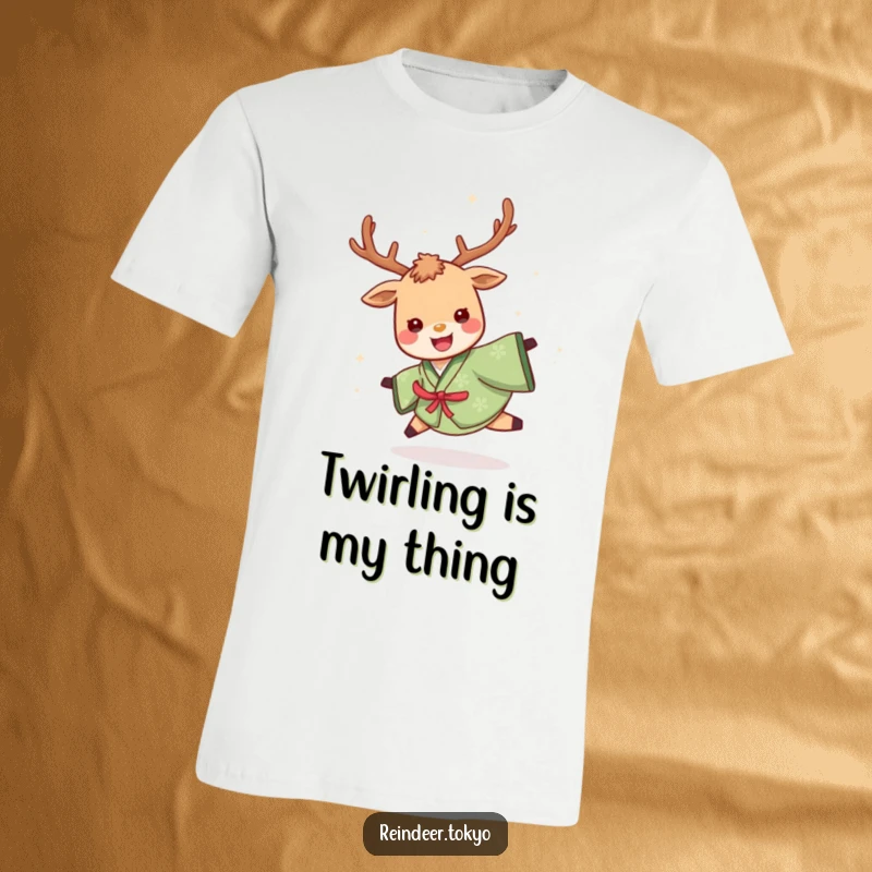 Funny t-shirt depicting a cheerful reindeer in a green kimono, spinning enthusiastically with a delighted expression, full of playful energy.