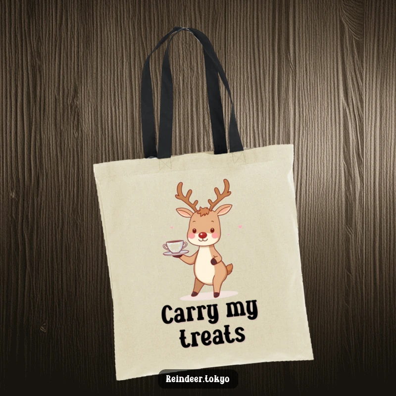Funny Reindeer Tote Bag: Charming reindeer smiles, balancing a tray with tiny teacups gracefully.