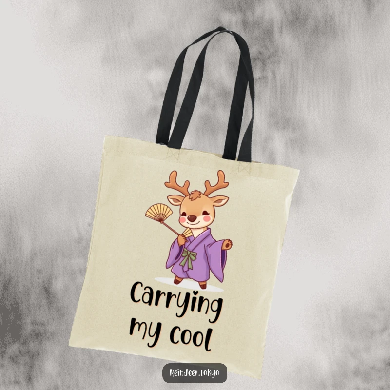 Funny tote bag showcasing a cute reindeer in a purple kimono, striking a playful pose with a bamboo fan, perfect for stylish, humorous transport.