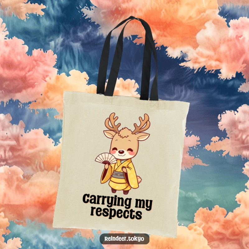 Funny tote bag featuring a smiling reindeer in a golden kimono, bowing gracefully with a fan, perfect for stylish daily use.