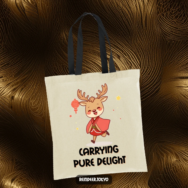 Funny tote bag featuring a delightful reindeer in a red and white kimono, skipping with joy, ideal for shopping or daily use.