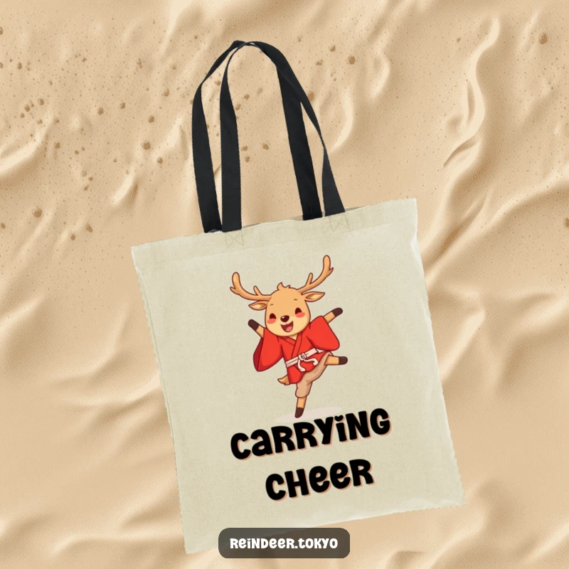 Funny reindeer kimono tote bag with a cute cartoon reindeer in a red kimono performing a joyous high kick, perfect for carrying items.