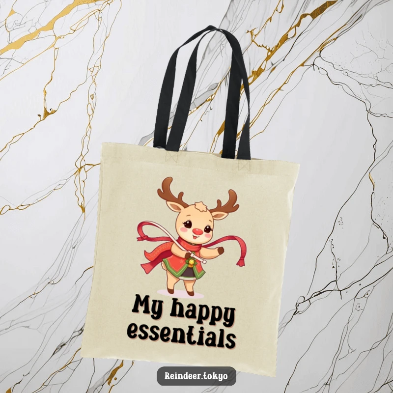Funny Reindeer Tote Bag: Happy reindeer in traditional attire twirls a shimmering ribbon with festive energy.